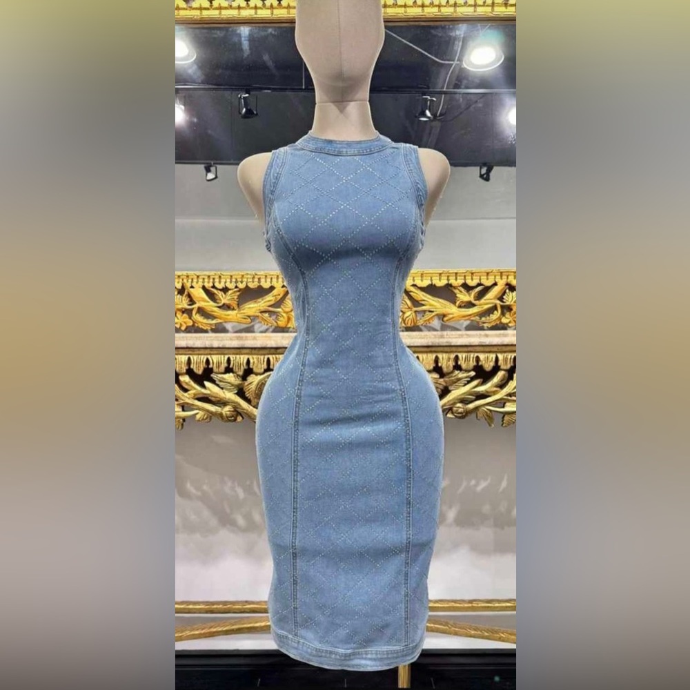 Sleeveless Fitted Blue Denim Dress - all over Rhinestones